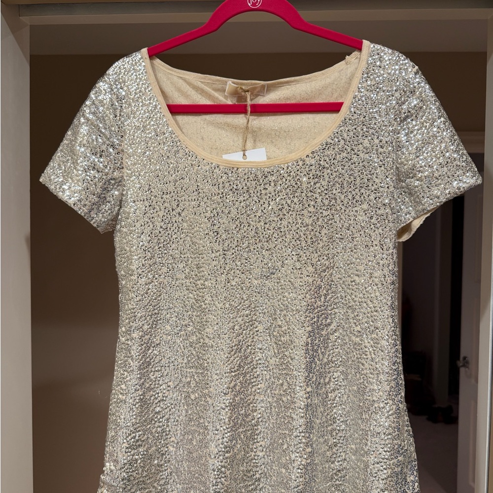 Michael Kors Silver Sequin Short Sleeve Top
